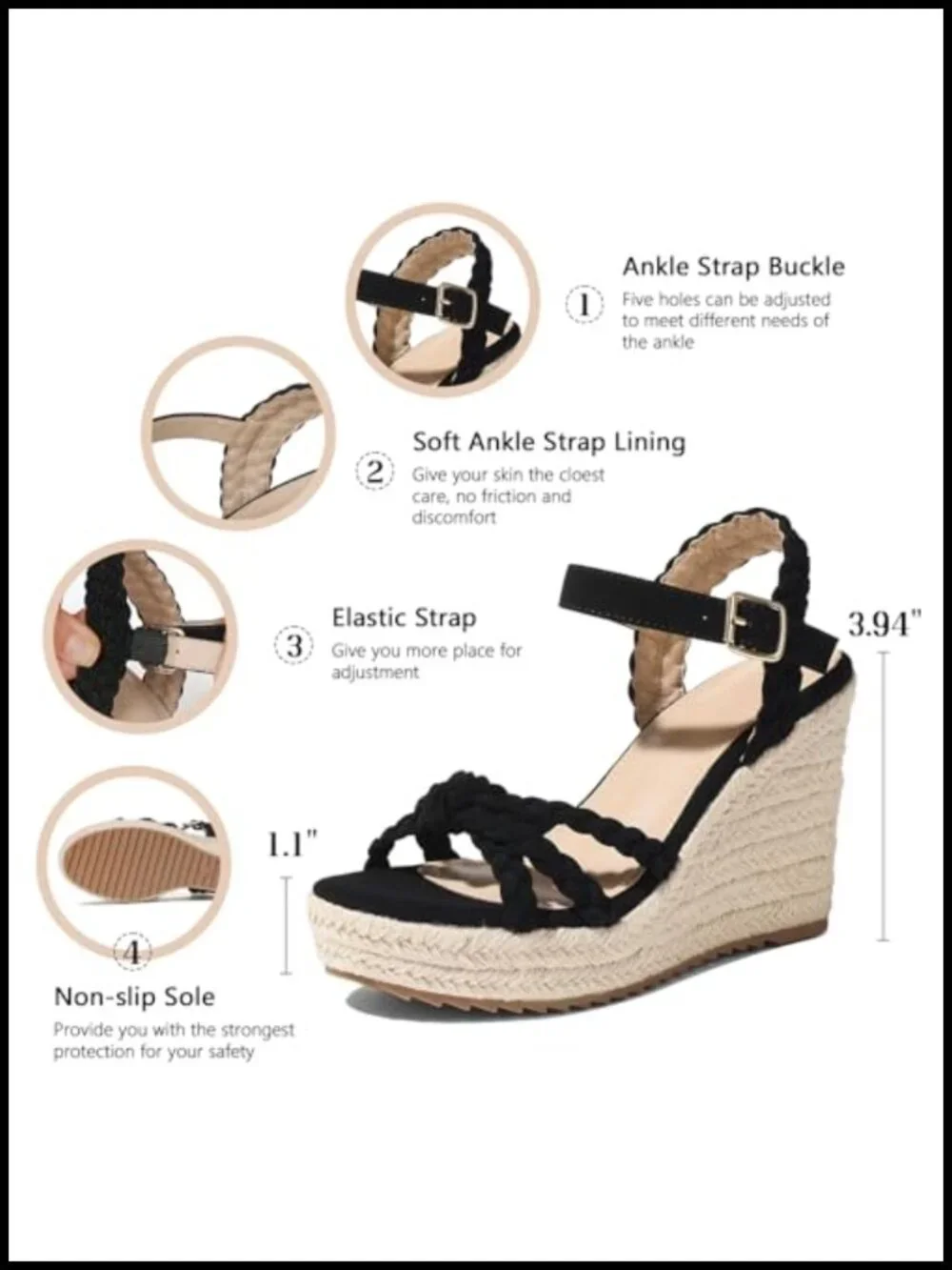 Braided Knot Ankle Strap Open Toe Platform Wedge Sandals with PU Insole and